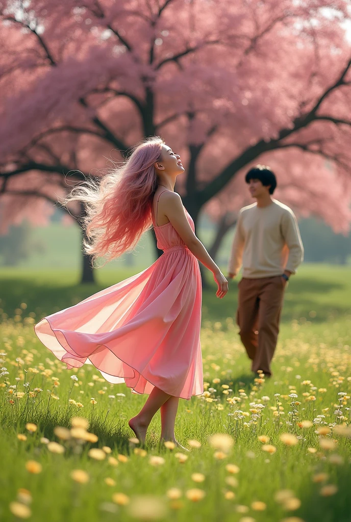 A young woman with long hair to her feet,cached and pink, in pink dress, barefoot, dancing in a field of green flowers with a pink tree in the background, in a sunny day, a black haired asian man , in brown pants and nude shirt hiding behind the tree, watching the woman dance 