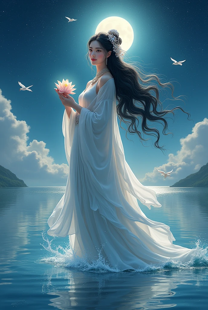 (masterpiece,Highest quality,,8k,High resolution),One female,,Beautiful Face,Beautiful Face,Beautiful eyes,Beautiful lips,Compassionate Mother Kannon,Black Hair,look back,,Wave,,Standing on the surface of the water,,flower,bird,,moon,,A bright night with stars visible,jewelry,Holding,Long sleeve,Veil,necklace,Lotus,Long Hair,dress,(whole body),Highly detailed CG,