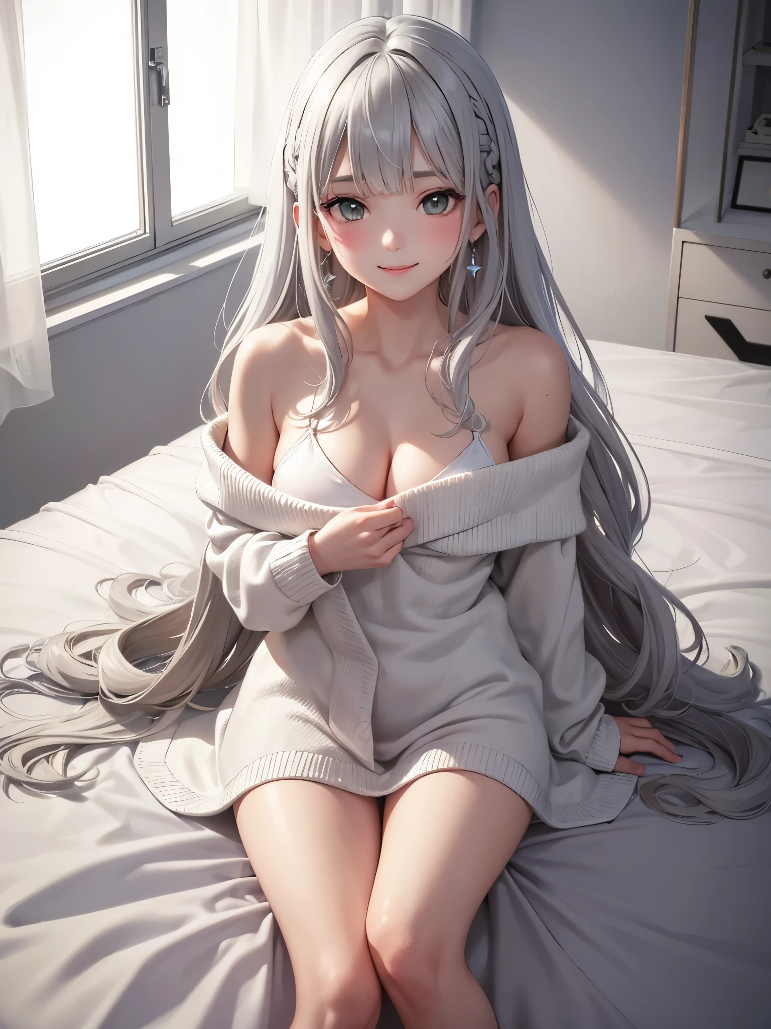 1Girl, Solo, Anime, Ideal body, (Cleavage, Small breast). Beautiful, Gorgeous, Fresh, Blunt Bangs, (White Grey Hair:1.5),(Straight and Wavy Long Hair:1.3), Virgin Sweater, Off-Shoulder, Oversize, Cotton Sweater, Comfort, Loose Robe, Wool. (Comfort Sit:1.3). Earrings, Thin Black Headband, Green Accessories, Environmental Details, Bed Room, Natural Light, Modern Bed, Chair, Window, White Curtain, City View. pov, anime style, UHD, retina, masterpiece, accurate, anatomically correct, textured skin. High Resolution, Looking at viewer, Blush, Best Quality, Award Winning, Accurate, Embarrassed, seductive smile, Body sweating, Naughty Face, Naughty smile, Gradient Eye Color, Sexy pose, Cowboy Shot, Perfect.