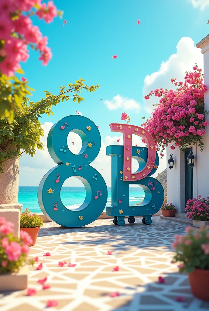 Create a logo for 8AB with a background theme from the movie Mamma Mia