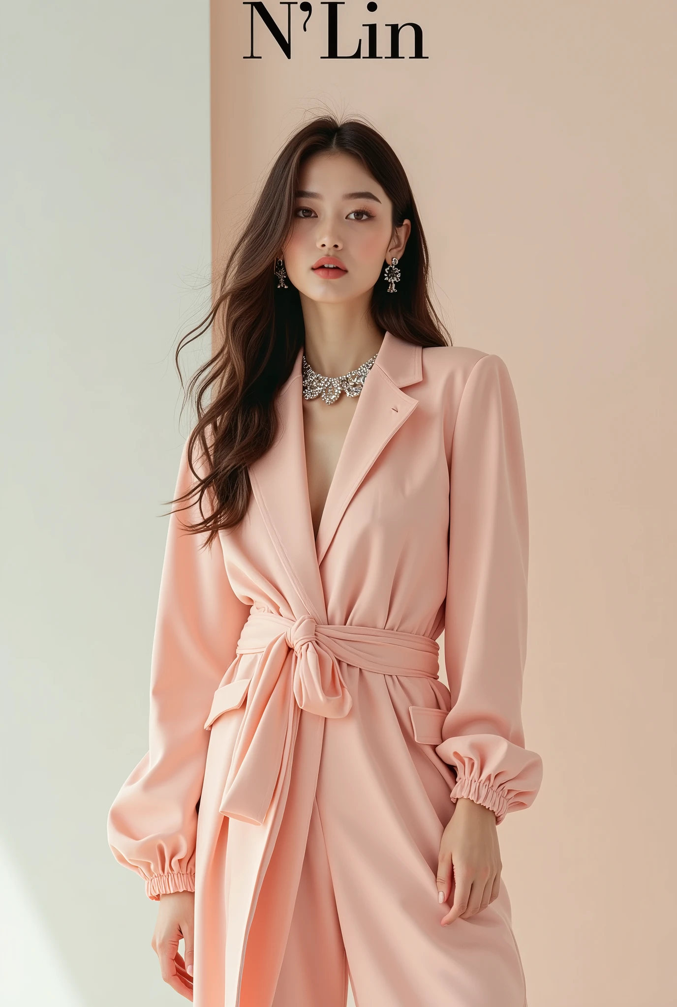 Create a fashion poster for the brand N'Lin, showcasing its chic and trendy style. The poster should appeal to young women aged 25-30, highlighting the brand's focus on fashionable and contemporary designs. Use a sleek and modern aesthetic with high-quality visuals that exude sophistication and style. Incorporate elements like bold typography, elegant models, and a clean layout that reflects the brand's identity as a leader in high-end fashion for young, stylish women. The overall design should convey a sense of exclusivity, confidence, and cutting-edge fashion.