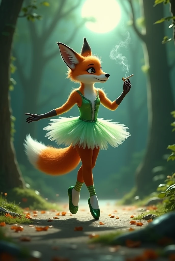 Fox dancing ballet with green slippers and a cigarette in its paw