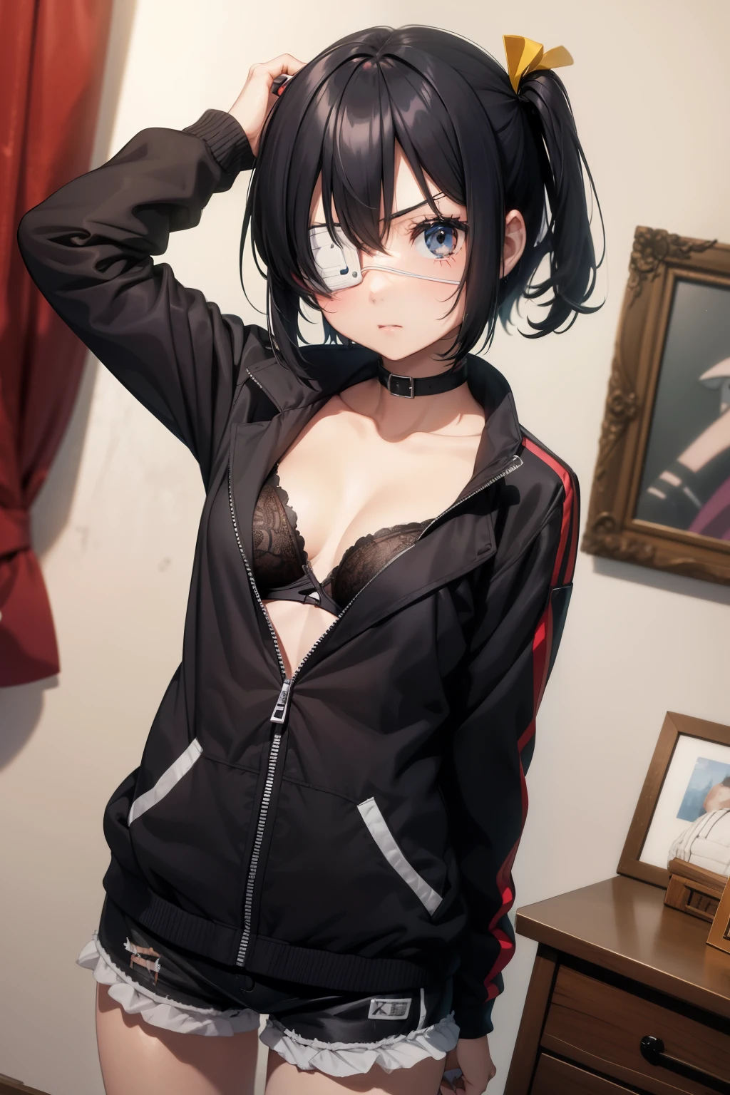 Rikka takanashi   ,1girl , anime , Black hair, eyepatch, jaqueta aberta open clothes , , disappointed face , solo ,  jacket, open clothes, bra , flat chest ,shorts ,fishnet thighhighs , looking at viewer , bedroom .