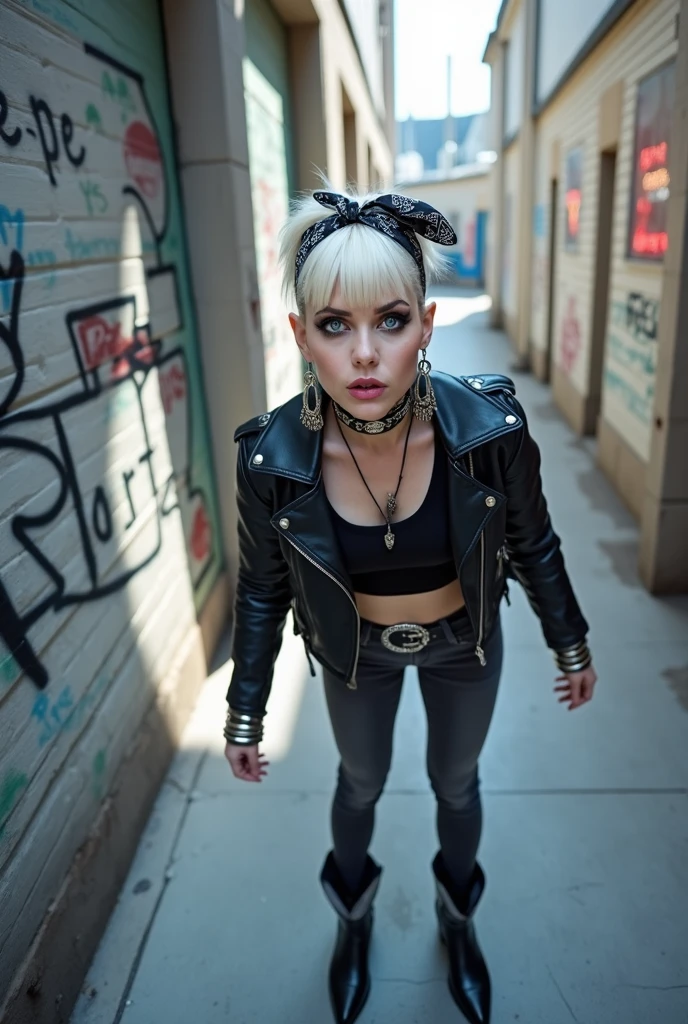 russian woman, platinum blonde hair with black parsley bandana as headband, with very light blue eyes, pale, heavy eye shadows. Smeared make up. Wearing black moto jacket, cropped metal band t-shirt, dark grey skinny jeans and black snakeskin cowboy pointy boots . Lots of metallic braceles and collars. Tacky leather belt with oversized buckle. Wide loop earrings. Scared face. Barely able to walk, trembling