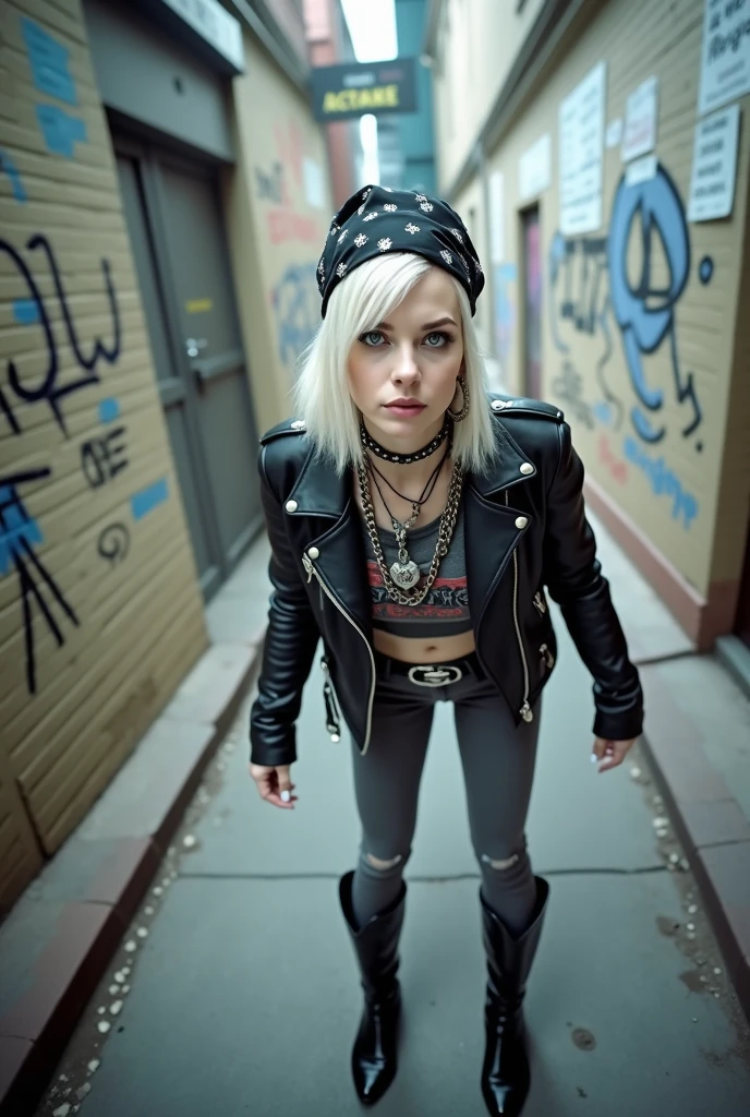 russian woman, platinum blonde hair with black parsley bandana as headband, with very light blue eyes, pale, heavy eye shadows. Smeared make up. Wearing black moto jacket, cropped metal band t-shirt, dark grey skinny jeans and black snakeskin cowboy pointy boots . Lots of metallic braceles and collars. Tacky leather belt with oversized buckle. Wide loop earrings. Scared face. Barely able to walk, trembling