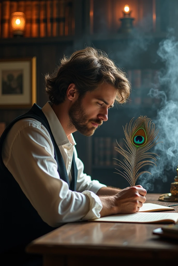 a man hand write poem with peacok feather