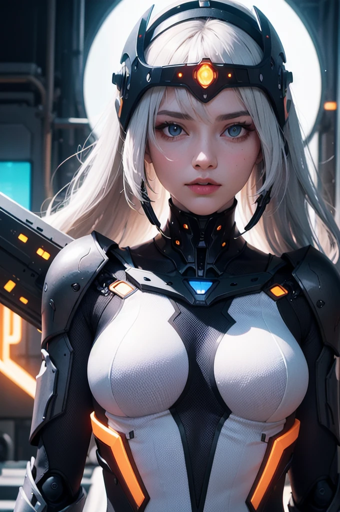 upper body, portrait, robot,white orange armor, white shimmering hair, neon light, 8K, RAW, best quality, masterpiece, ultra high res, colorful, (medium wide shot), (dynamic perspective), sharp focus ,depth of field,  extremely detailed eyes and face, beautiful detailed eyes,large breasts,(black gold, trimmed gear:1.2),(In a futuristic weapons factory:1.2), 