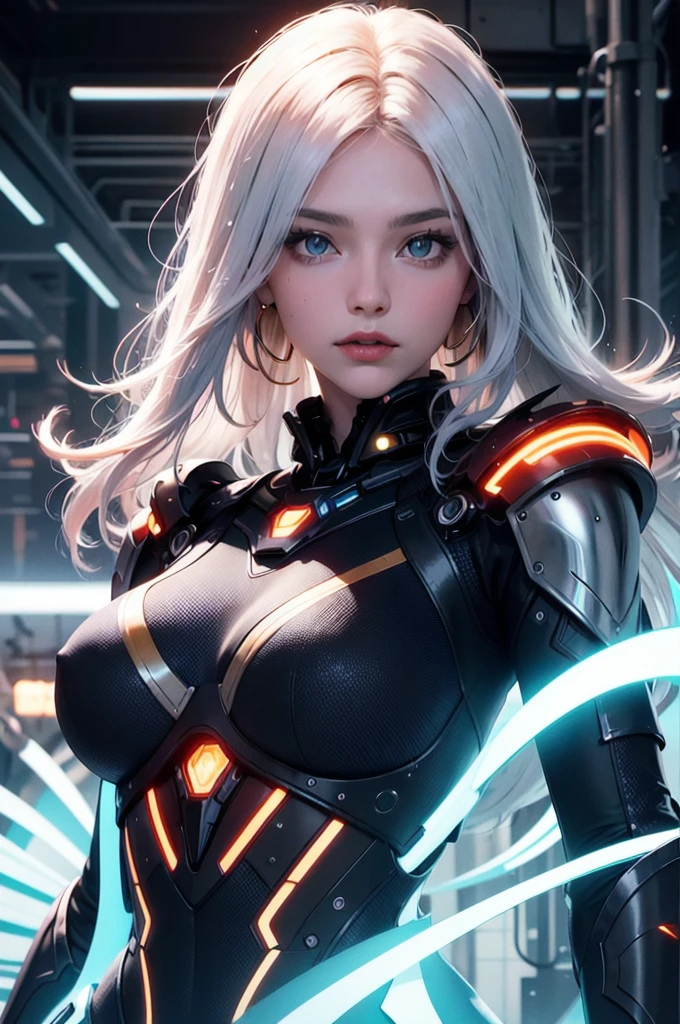 upper body, portrait, robot,white orange armor, white shimmering hair, neon light, 8K, RAW, best quality, masterpiece, ultra high res, colorful, (medium wide shot), (dynamic perspective), sharp focus ,depth of field, extremely detailed eyes and face, beautiful detailed eyes,large breasts,(black gold, trimmed gear:1.2),(In a futuristic weapons factory:1.2),
