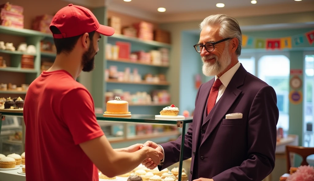 A handsome young he is only 24 year old guy who is a staff at a cake shop, is wearing a red T-shirt and a cap. He is talking to a customer from the other side of the counter, who is wearing a dark purple 3 piece suit. He is 40 years old, has black hair but light white beard.  and that guy is giving some money to that staff 