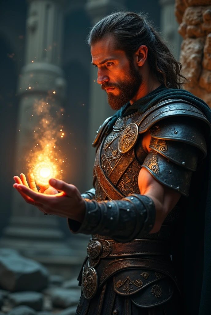 A rugged, muscular hero in dark armor reaches out towards the glowing amulet. The scene is illuminated by the amulet’s soft light, with a focus on the hero’s intense and respectful expression. Maintain a mystical, consistent lighting.