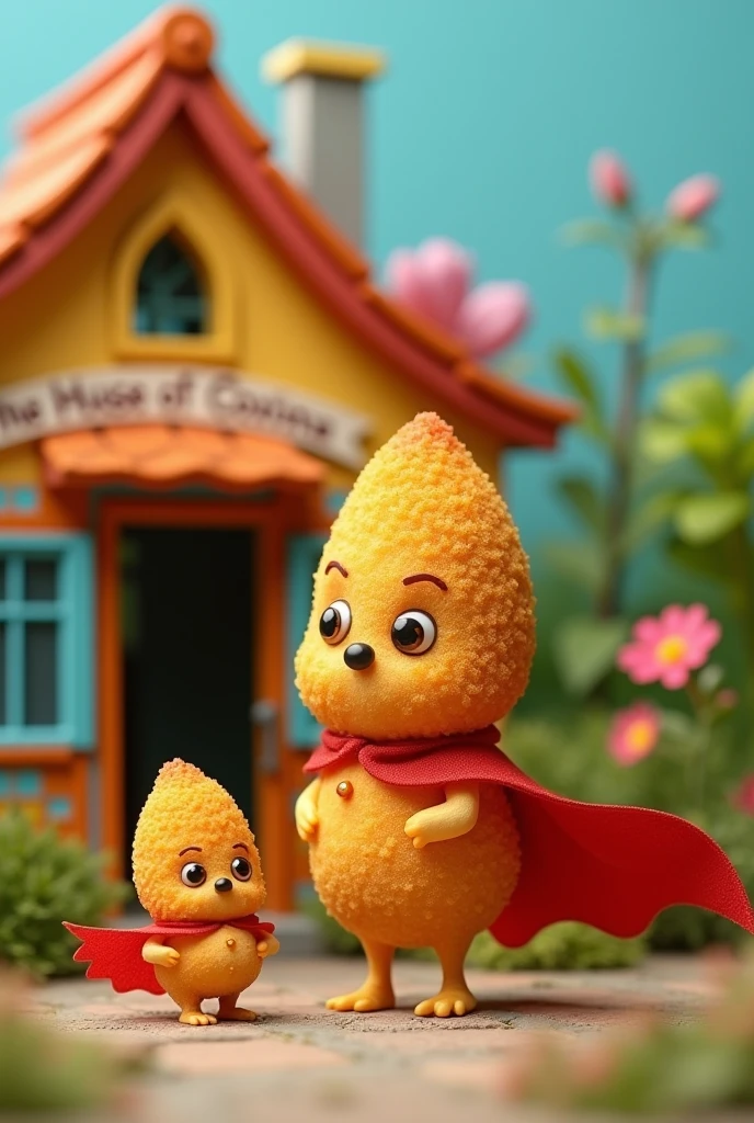 A superhero coxinha in front of a house with a banner that reads "The house of coxinha", Small coxinha watching