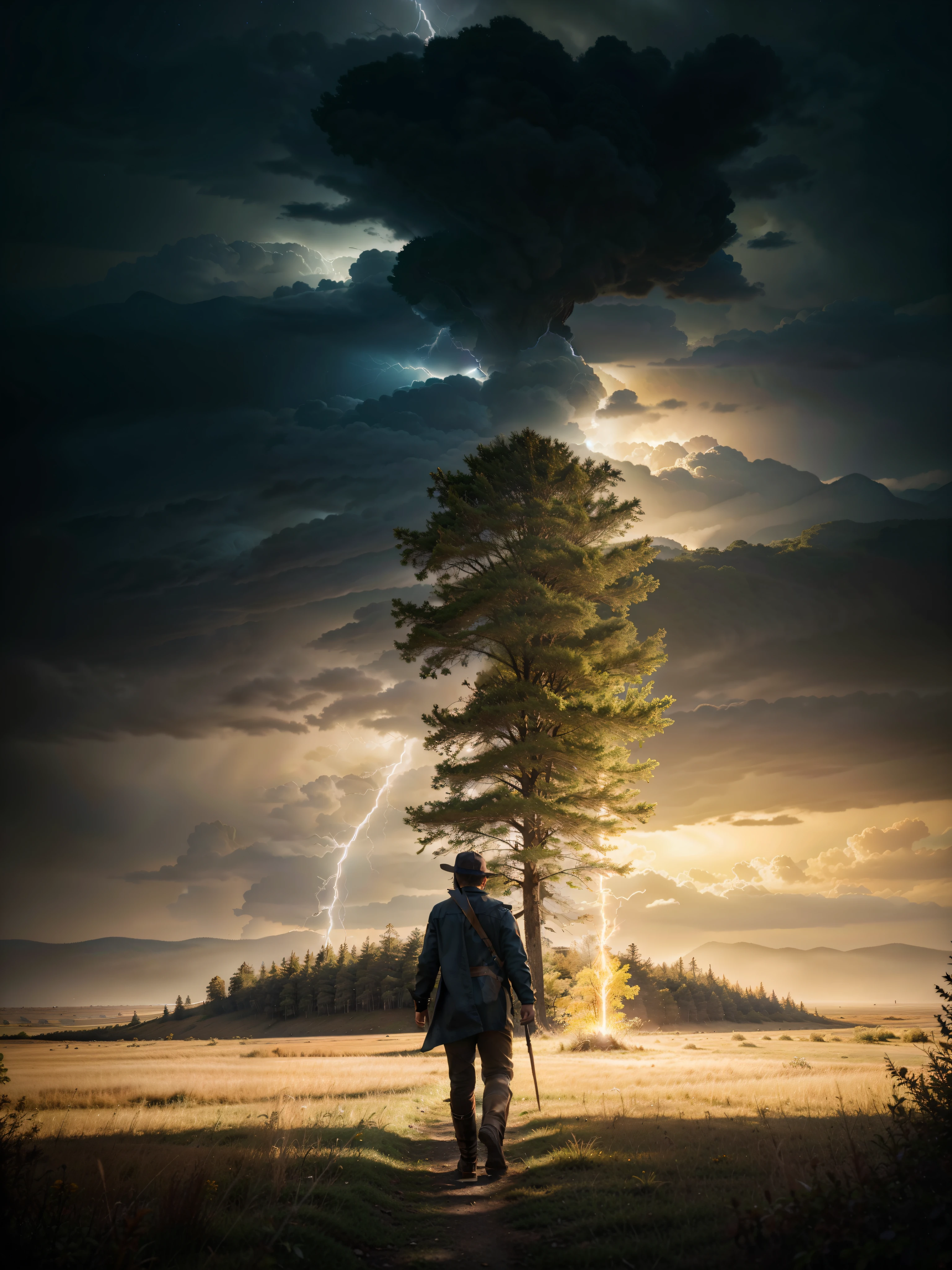 Árvore heavenly, big tree, paisaje, panorama, sky, naturals, Cedar, Cedars do Líbano, forst, Rivers of water, Thunder light, Detailed Realistic FullHD Photorealism, majestic, appealing, fire, villany,  thunder, Sky thunder, Man's Back, man walking, Running, Path to Sky, Sky Path, mascle, Door, photorrealistic 6K, Detailed UltraHD, detailed colors 8k, Elegant beauty, floor, stele, lightning strikes, heavens, céu Godlike, tempest, Towards the heavens, heavenly, Godlike, photorrealistic, Rendering, 4K, 8k, detailed textures, detailed shadows, padoru, detailed colors, sky de Deus, UltraHD 16K Details, Texturas photorrealistics de 16K, detailed sharpness 16K, detailed sharpness, detailed colors, realistic shadows, ultra realistic textures, High power, natural beautifuls, natural colors, realistic contrast, Texturas photorrealistics, detailed colors, lifelike colors, detailed shadows, Textuta photorrealistic FullHD, Sombras photorrealistics 8k, HD photorrealistic, Detalhes ultra-realistas de 8k, Cor photorrealistic 4K, Detailed FullHD Lights, Texturas Detalhadas photorrealistics 8k, Nitidez photorrealistic, villany, 4k detailed, ultra detaild, realistic contrast de 8k, detailed sharpness, cores Ultra HD, Man's Path, Man's in The Path, Man Walking in the Path, man walking, Man on the Path, Celestial Path, God man, Long Tunic, chic, 
