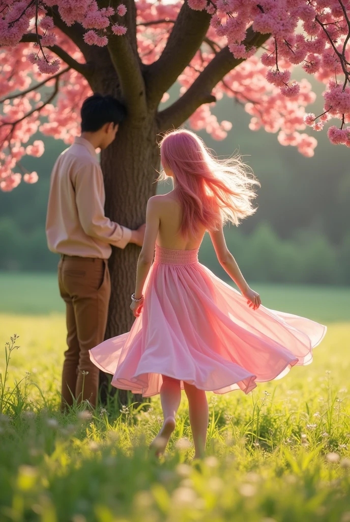 A young woman with long hair to her feet,cached and pink, in pink dress, barefoot, dancing in a field of green flowers with a pink tree in the background, in a sunny day, a black haired asian man , in brown pants and nude shirt hiding behind the tree, watching the woman dance
