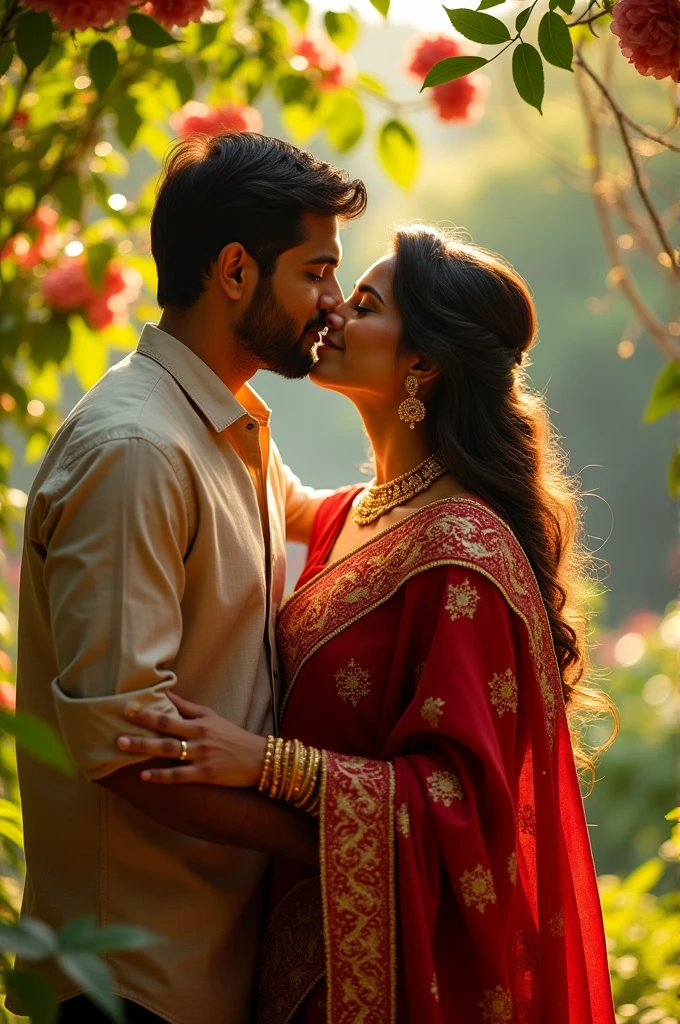 A beautiful sexy girl is wearing saree, a boy is kissing her, squeezing milk