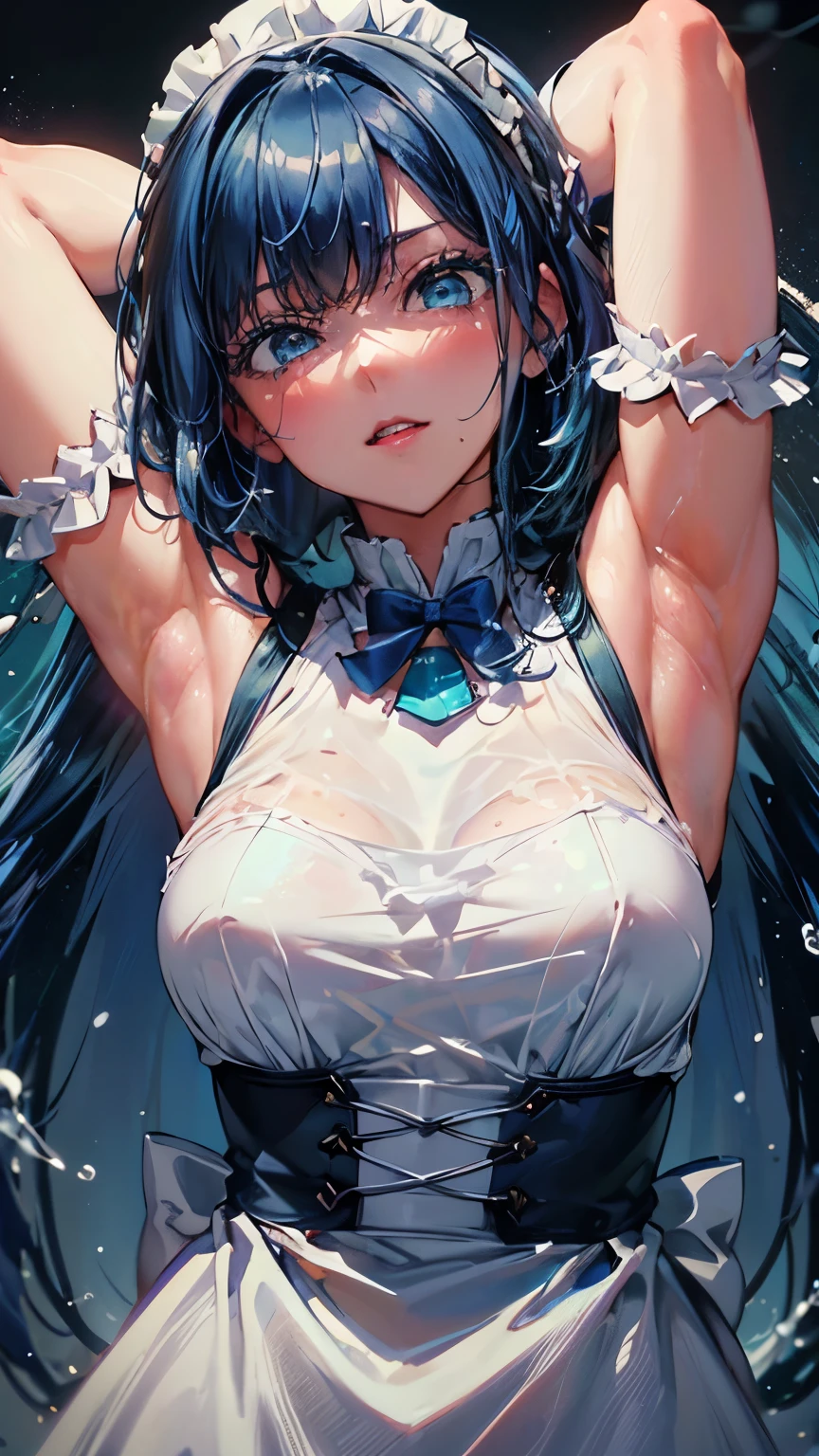 {Highest quality}. {so beautiful}. {Super detailed}, {Best illustrations}, ((Armpit bukkake))、looking at armpit、Semen、Humiliating、Disgusted face、Maid clothes、Blue Hair、blue eyes、Bob Hair