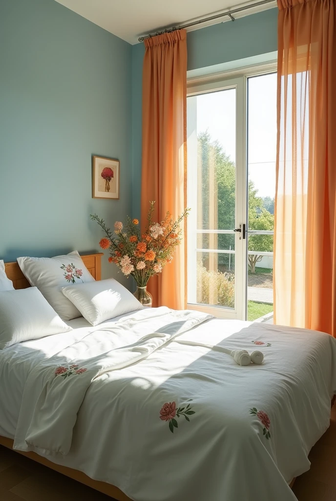 The bedroom features soothing light blue walls that create a tranquil atmosphere. At its center, a spacious bed draped in white sheets adorned with delicate flower prints invites relaxation. The room is bathed in natural light from a large glass window, which is framed by sheer light orange curtains that gently filter the sunlight. The window is open, allowing a gentle breeze to flow in and offering a view of a lush garden outside, enhancing the room's serene and refreshing ambiance.