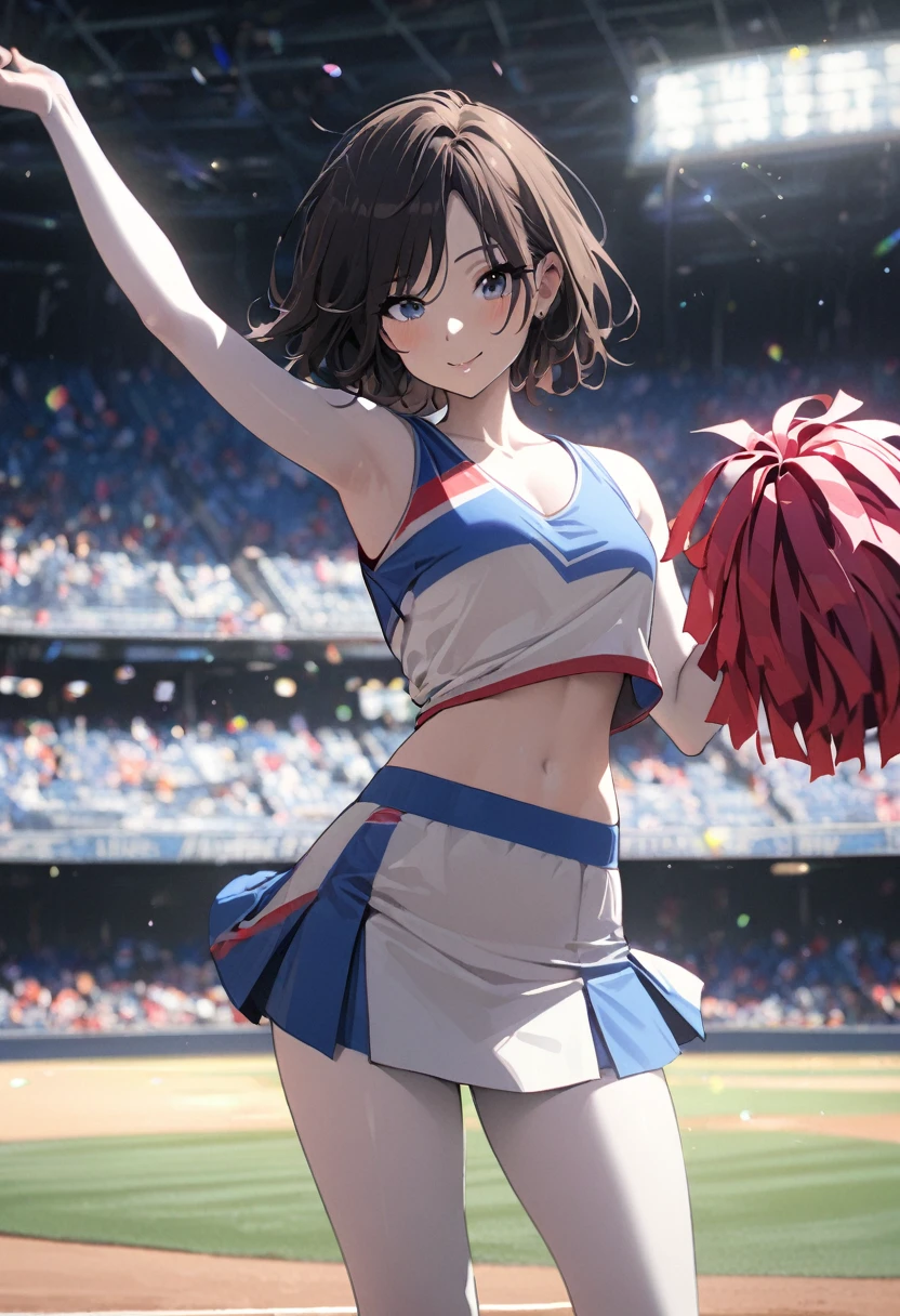 1 girl, alone, cheerleader, health beauty, a handsome face, beautiful body, long legs, white skin, fine portrayal, Ultimate Details, baseball stadium, short skirt, tank top, Dance, Smile, masterpiece, best quality,