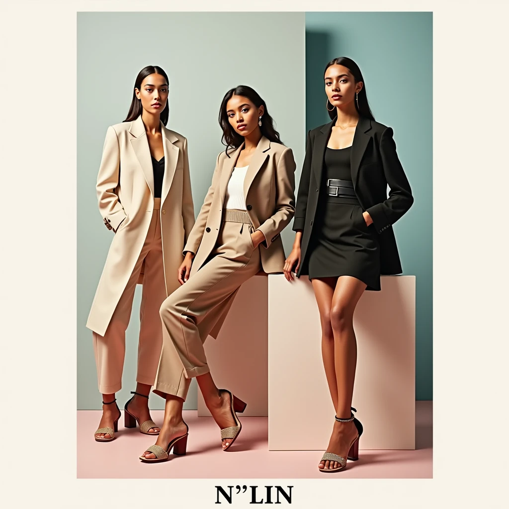 Create a fashion poster for the brand N'Lin, showcasing its chic and trendy style. The poster should appeal to young women aged 25-30, highlighting the brand's focus on fashionable and contemporary designs. Use a sleek and modern aesthetic with high-quality visuals that exude sophistication and style. Incorporate elements like bold typography, elegant models, and a clean layout that reflects the brand's identity as a leader in high-end fashion for young, stylish women. The overall design should convey a sense of exclusivity, confidence, and cutting-edge fashion.