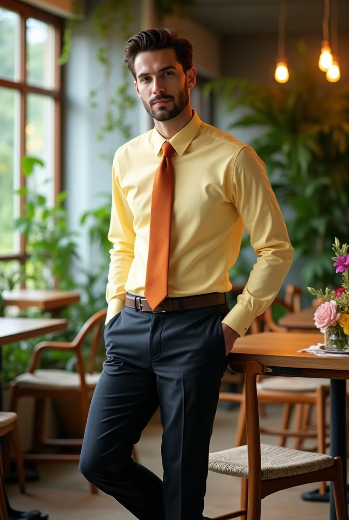 Man with a pastel yellow long-sleeved shirt, terracotta tie and black pants, brown shoes 
