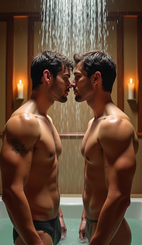 full shot, two naked men, tomando banho, full body image, with black eyes, chestnut hair, Average complexion, a sculpted chin and an upturned nose,