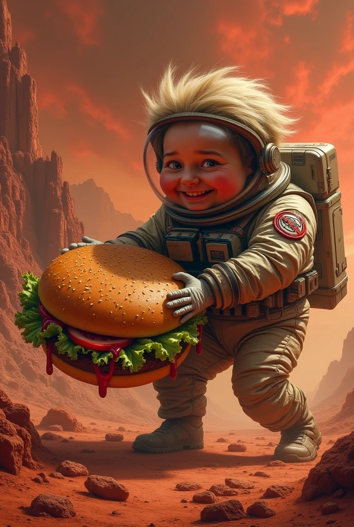 A fat man fight with hamburger in mars in end Time 