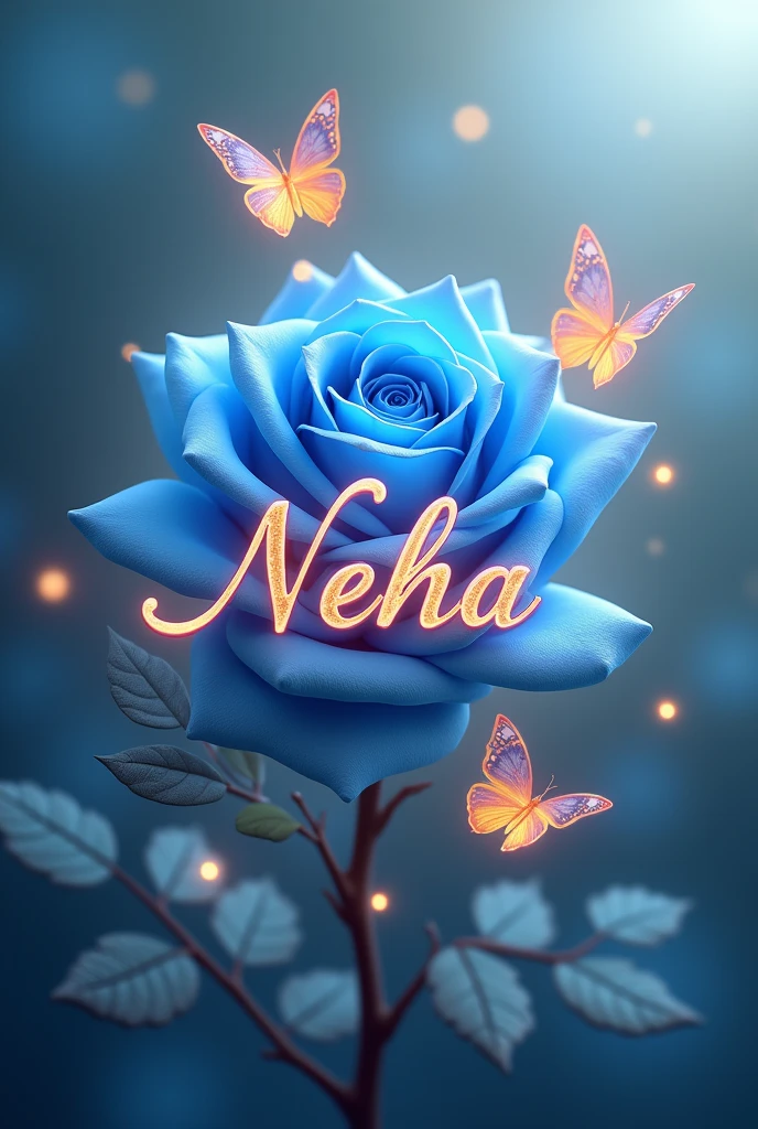 Create a stunning design featuring the name 'NEHA' in an elegant, illuminated script. Add a vibrant blue roseand delicate butterflies for decoration. Ensure thedesign has a soft, glowing effect to enhance the beautyand charm, 32k HDR quality picture.