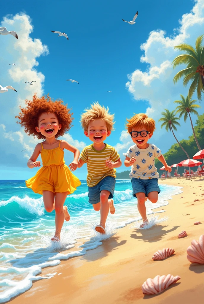 Collaborate with an expert oil painter to design 3 children running on the beach using the pointillism technique.