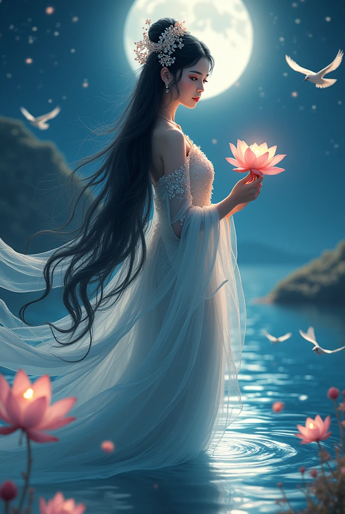 (masterpiece,Highest quality,,8k,High resolution),One female,,Beautiful Face,Beautiful Face,Beautiful eyes,Beautiful lips,Compassionate Mother Kannon,Black Hair,look back,,Wave,,Standing on the surface of the water,,flower,bird,,moon,,A bright night with stars visible,jewelry,Holding,Long sleeve,Veil,necklace,Lotus,Long Hair,dress,(whole body),Highly detailed CG,