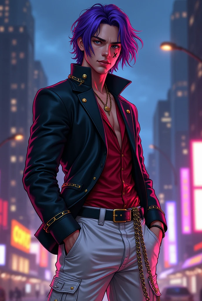 make my character in the style of a Marvel comic book, my character he is a young man with medium length purple hair on his face has a small scar, don't make him whiny, wearing a black suit with gold and the bottom being red, wearing white cargo pants with a chain 