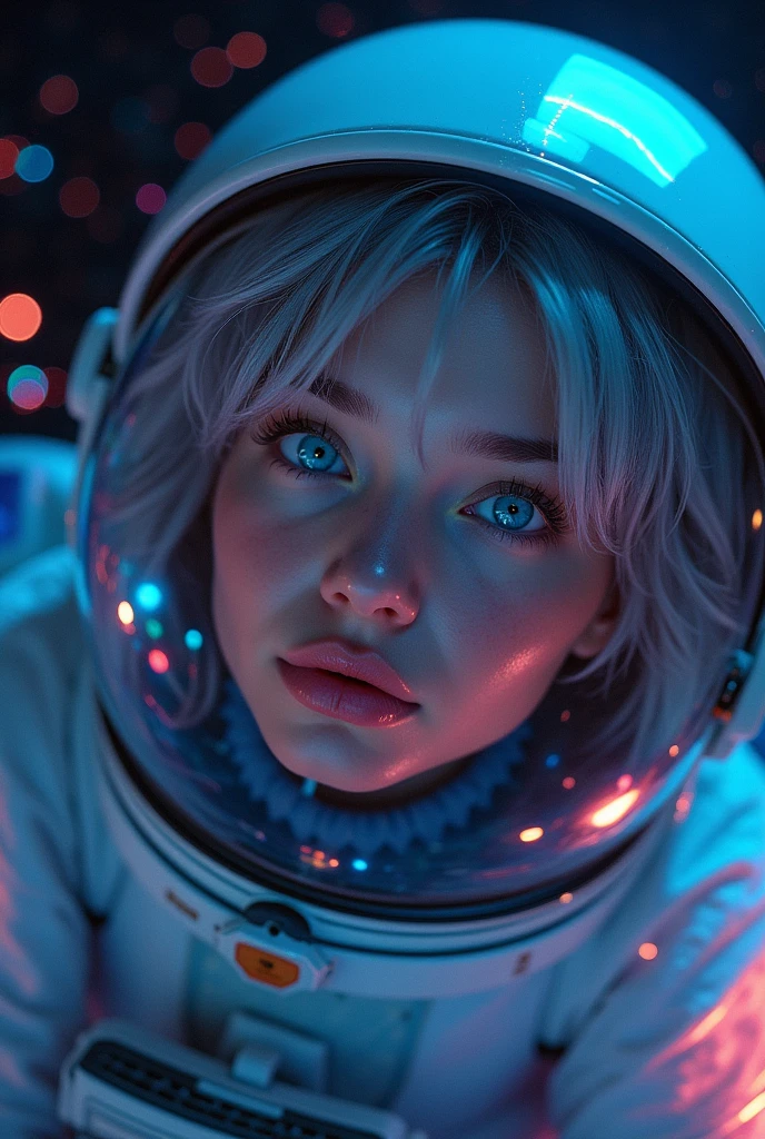 (Close-up of a better masterpiece:1.5)0.9], (Space and astronauts:1.2) (Messy silver hair:1.1) (Heterochromia xanthochromia and blue eyes:1.2) (Space Helmet:1.0) (Colored stars in the eyes:1.0) (A radiant glow:1.1) (thick lips:0.9)