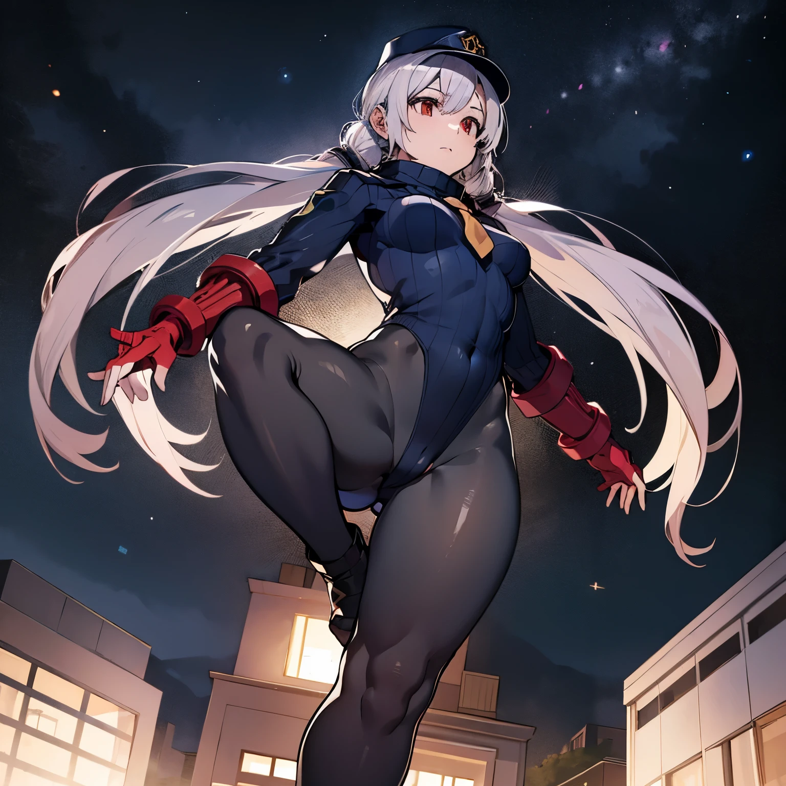 best detailed, Highly detailed,Beautiful body,Beautiful Nose,perfect eyes,perfect face,ultra highres,beautiful legs,Perfect hands,Masterpiece,illustration,,perfect anatomy,street fighter,doll suit,shadaloo doll,dollsuit,expressionless,empty eyes,blank eyes,red gloves,((dark pantyhose)),feet,no boots,without boots,emotionless,black latex,corruption,mind control,female combatant,hypnotized,unhappy trance,full body suit,obey,extremely glossy latex,hypnosis,hypnoLora,Slave,necktie,yellow tie,military,dark persona,(((from  below, raised leg, foot,foot sole))),(((pixel-perfect, detail-perfect))),solo,(roze),1girl,silver hair, long hair, twintails, hair between eyes, red eyes, black cap, twin black muffler,black scarf,(((sword))),city background, night sky