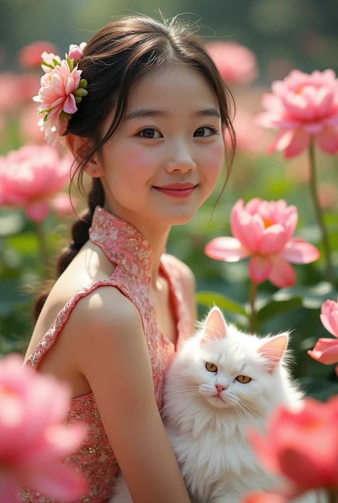 A beautiful Chinese girl dressed in traditional attire is sitting in a lush flower garden. She is looking at the camera with a warm smile. Beside her, a white Ragdoll cat is peacefully resting, enjoying the serene environment and the fragrance of the flowers