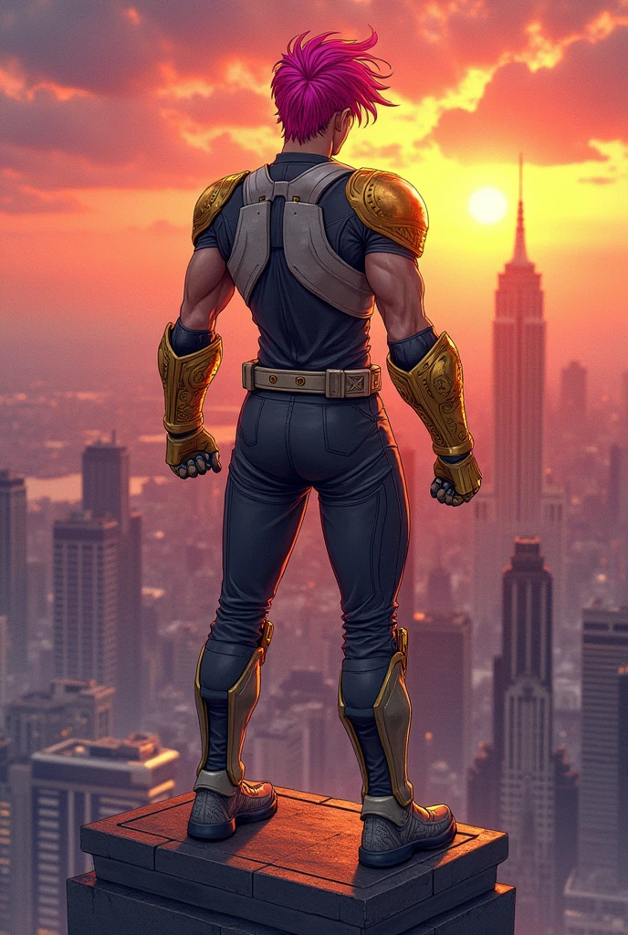 A man standing with pink hair, looking straight ahead,  on top of a building, using two golden gauntlets, with a hint of manhwa 
