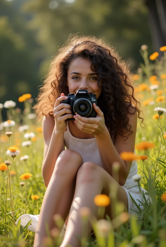 A brunette girl with curly hair and big breasts sits with her legs stretched out, taking a realistic photo