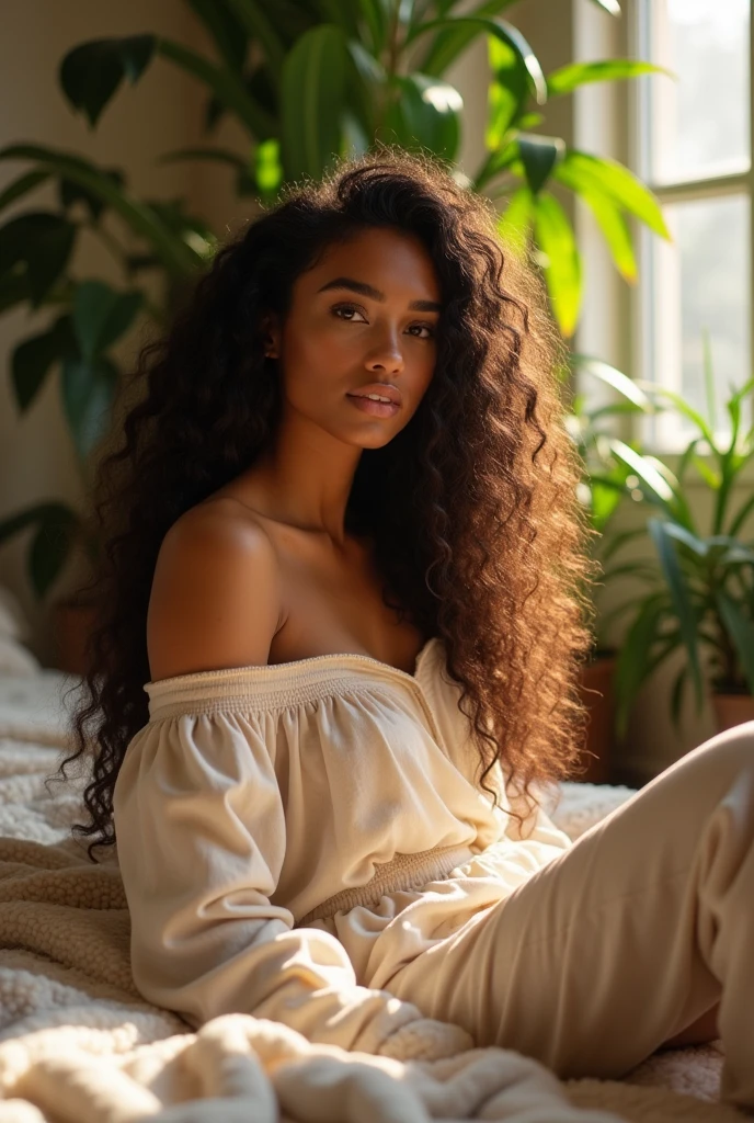 (photorealism:1.2), beautiful woman, sitting on bed, wearing loose off-shoulder top, pajama pants, long curly hair, indoors, soft lighting, plants in background, window with sunlight, cozy room, relaxed pose, realistic, intricate details, warm colors, by Greg Rutkowski, by Alphonse Mucha