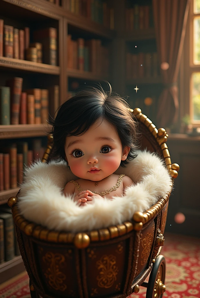 Beautiful baby from the fairy tales Beauty and the Beast with black hair , dark shaped eyes, pink lips, The book is very old.