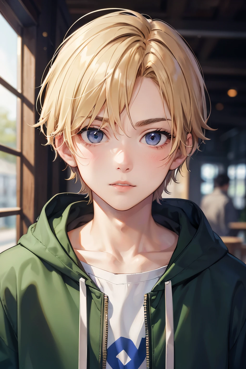 Portrait of a European Boy,alone,20 years,Beautiful Face,Upper Body,Medium Curl Short, Blonde, Sharp focus,hoodie,Beautiful Boy
