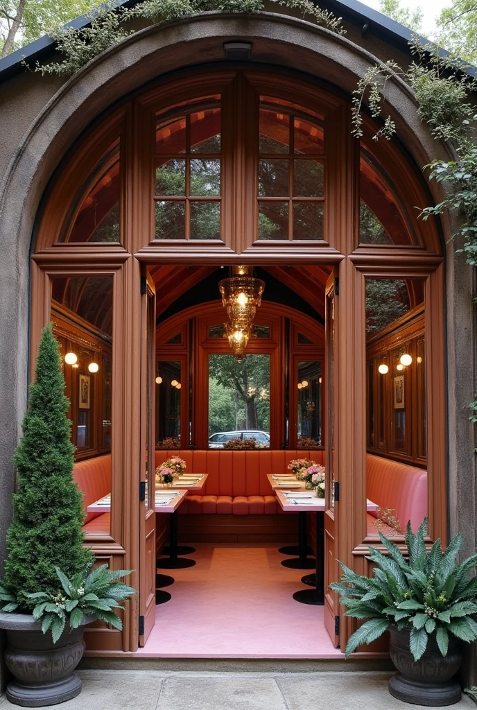 I want it to be rustic, I want it to have an arch, I want all the walls to be glass with wood, and I want the color of the restaurant to be pastel pink with black, I want the name of the restaurant to be Midnight Kiss