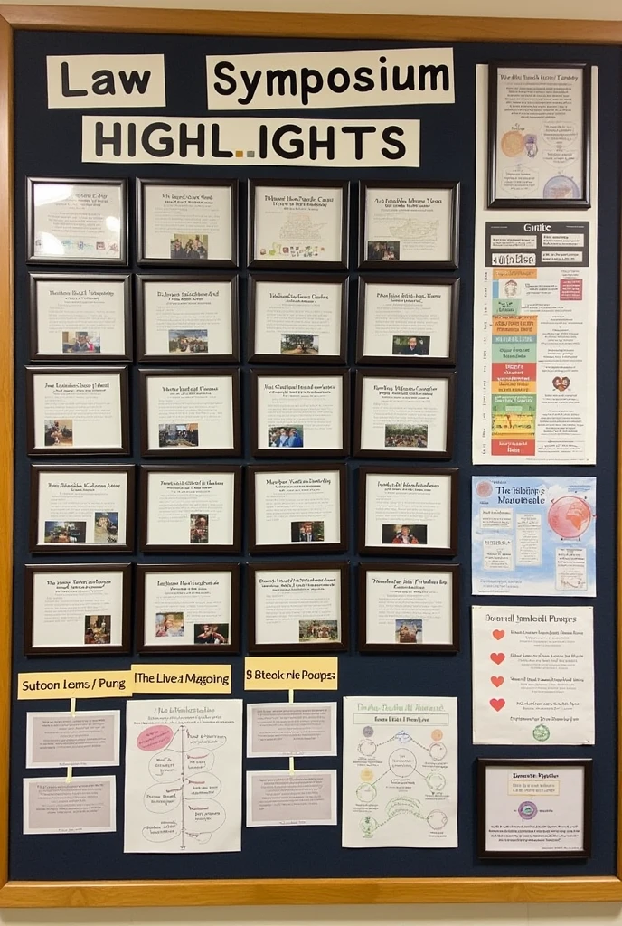 Create a school bulletin board for a law symposium. Include a large title at the top saying ‘Law Symposium Highlights.’ Arrange pictures in a grid or collage format with frames. Add brief captions for each picture. Include a small section for notable quotes and a colorful infographic. Add a timeline or schedule on one side and a section for student contributions."