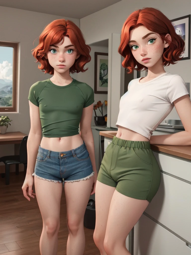1gay boy, 12-year-old, medium red hair, green eyes, pretty face, freckles, wearing shorts and cropped shirt, tiny, little, athletic, slim waist, beautiful views in private space at home, erection under clothes, big butt