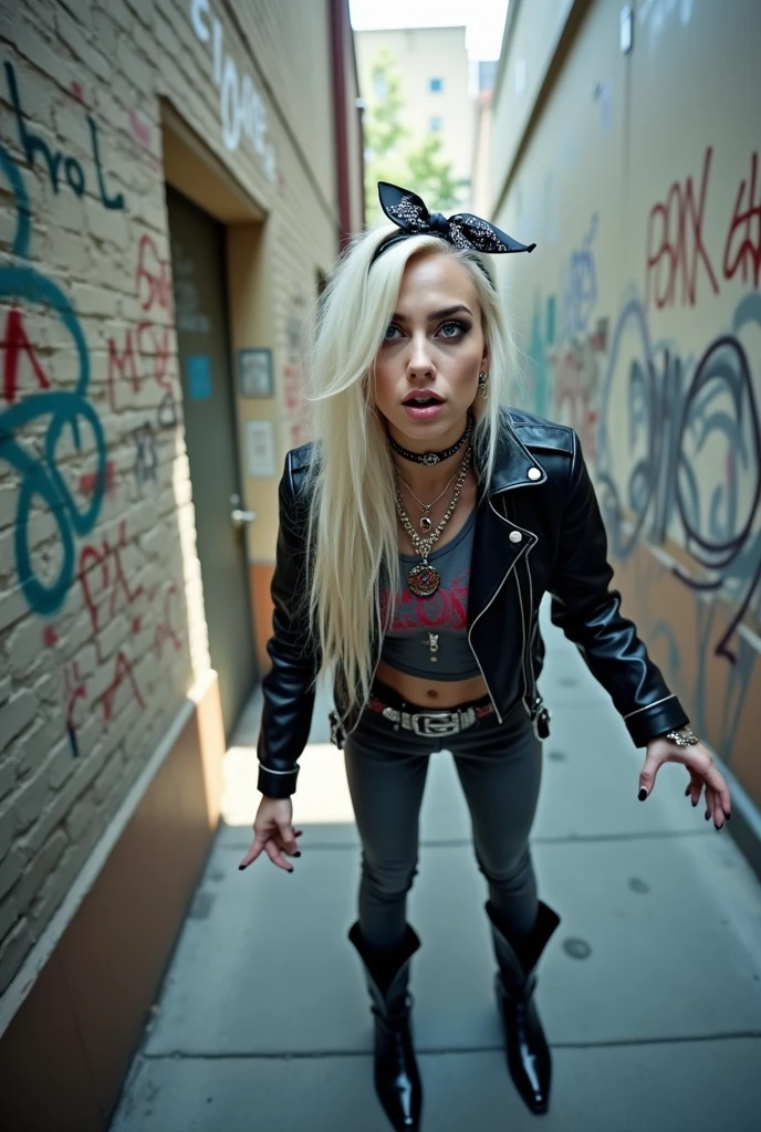 russian woman, platinum blonde hair with black parsley bandana as headband, with very light blue eyes, pale, heavy eye shadows. Smeared make up. Wearing black moto jacket, cropped metal band t-shirt, dark grey skinny jeans and black snakeskin cowboy pointy boots . Lots of metallic braceles and collars. Tacky leather belt with oversized buckle. Wide loop earrings. Scared face. Barely able to walk, trying to touch the observer