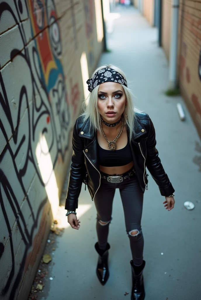 russian woman, platinum blonde hair with black parsley bandana as headband, with very light blue eyes, pale, heavy eye shadows. Smeared make up. Wearing black moto jacket, cropped metal band t-shirt, dark grey skinny jeans and black snakeskin cowboy pointy boots . Lots of metallic braceles and collars. Tacky leather belt with oversized buckle. Wide loop earrings. Scared face. Barely able to walk, trying to touch the observer
