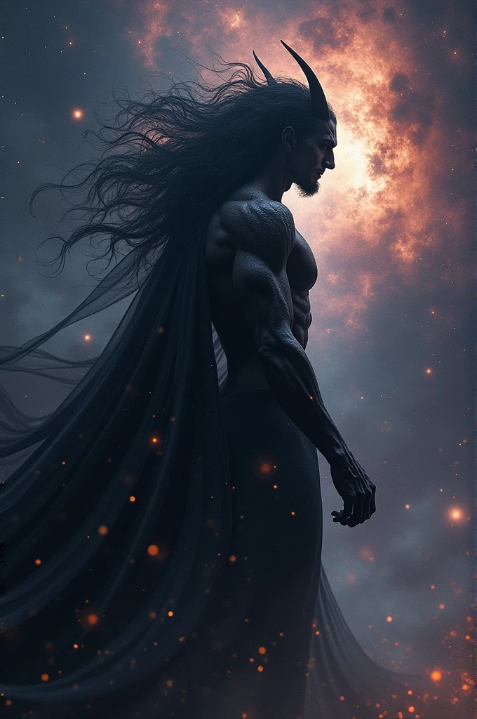 A devil with strong body black hair black aura surrounding him and realing black energy towards galaxy from space looks dangerous slim body