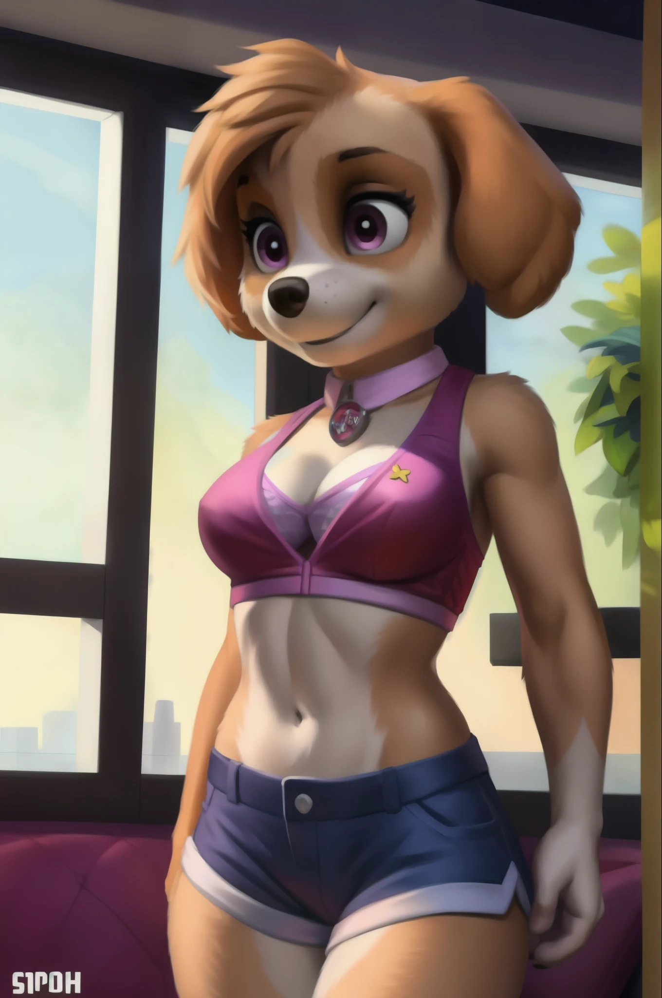 detailed fluffy fur texture, impasto impressionism, (by foxovh, ross tran, michael garmash, pino daeni, iskra), detailed eyes, highly detailed pupils, solo, furry, anthro, Skye-pp, domestic dog, female, magenta eyes, cream fur, golden brown body, fur body, fully clothed, detailed fluffy fur texture, curvy, wide hips, inner fluff ears, from front, standing, hood, black hoodie, blue track shorts, interior apartment background, day, 1girl, smile, Big Breasts,
