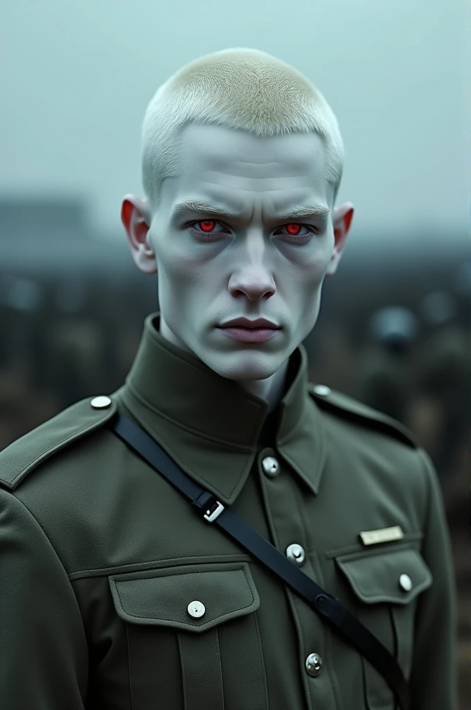 Albino man, pale translucent skin, platinum blonde hair soldier cut, Red eyes, the sclera of his eye is all black, 