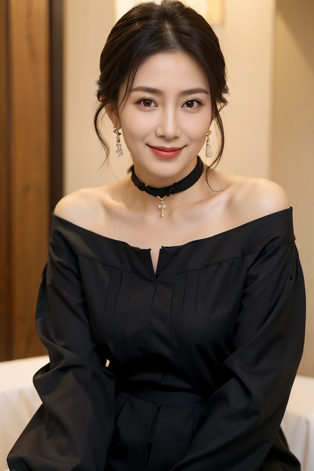 Off the shoulder, 40 years old, Japan Beautiful Woman, Big earrings, Big choker, bracelet, カラフルなbeautiful髪, Realistic, Gorgeous Madame, beautiful, sexy, smile, high quality