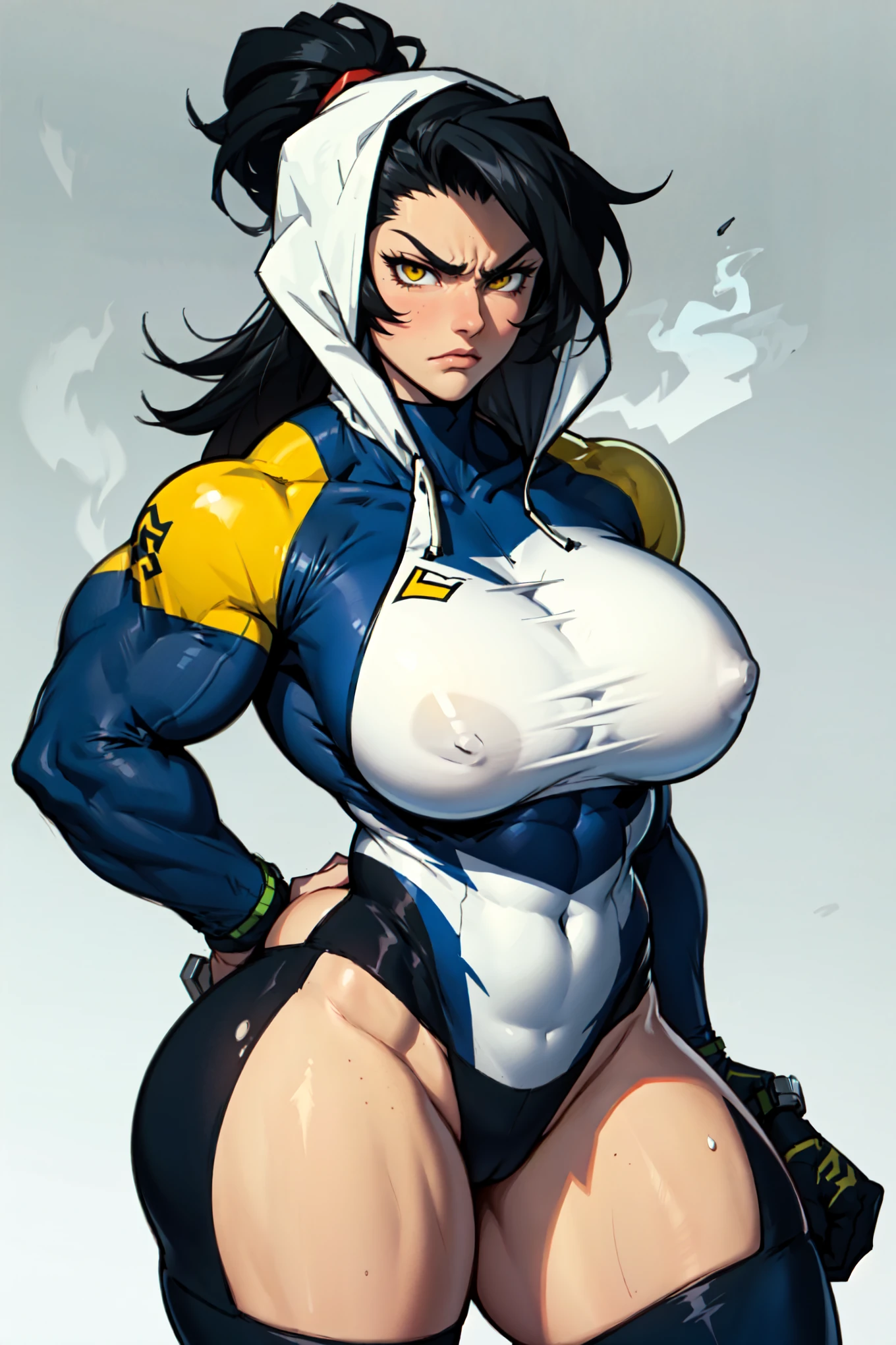 grey background skintight suit intricate patterns intricate patterns high detail highly detailed 1girl black hair yellow eyes very long hair pale skin angry (bodybuilder huge breasts muscular toned body curvy wide hips thick thighs)