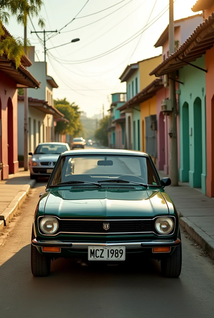Modern dark green Chevette painting with the license plate MCZ 1989 in front of a street of parallelepiped buildings with old houses in Northeast Brazil.
