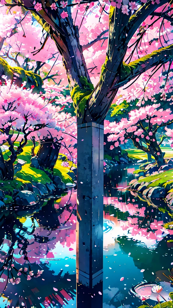"Create a vibrant scene of a cherry blossom festival during twilight, featuring a character in a traditional kimono. The character should be standing under a canopy of pink blossoms, with lanterns gently glowing around them. The background should showcase a serene park with a small pond reflecting the blossoms and lantern light, reminiscent of the art style from Your Name."