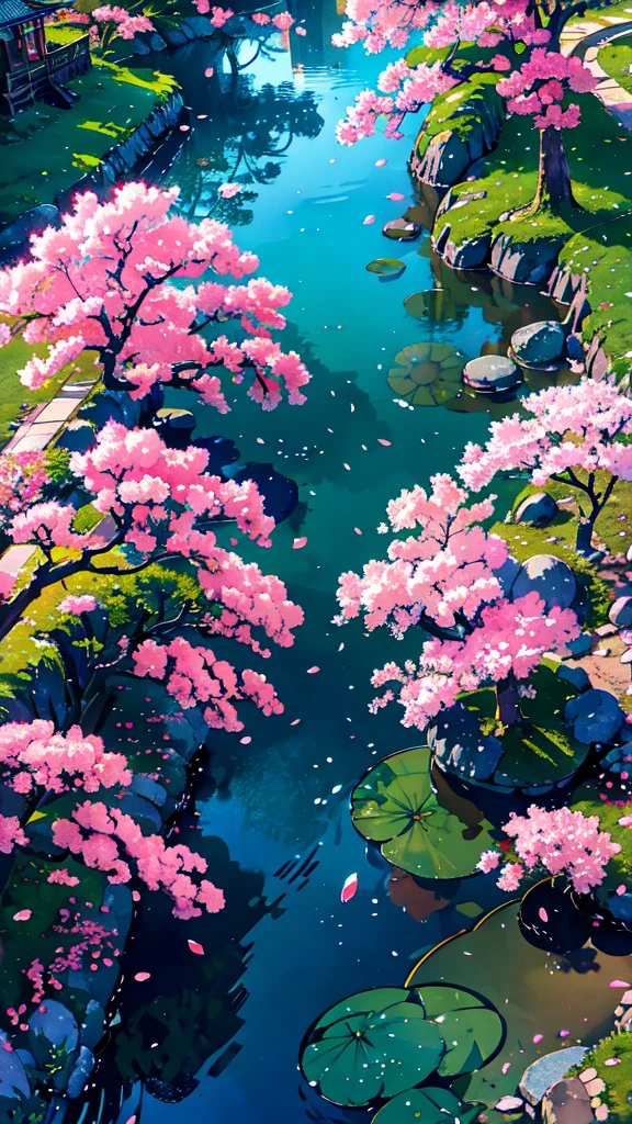 "Create a vibrant scene of a cherry blossom festival during twilight, featuring a character in a traditional kimono. The character should be standing under a canopy of pink blossoms, with lanterns gently glowing around them. The background should showcase a serene park with a small pond reflecting the blossoms and lantern light, reminiscent of the art style from Your Name."